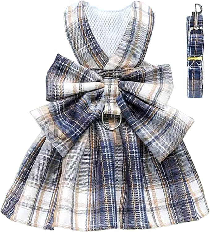 PETCARE Plaid Dog Dress Bow Tie Harness Leash Set for Small Dogs Cats Girl Cute Princess Dog Dresses Spring Summer Puppy Bunny Rabbit Clothes Chihuahua Yorkies Pet Outfits