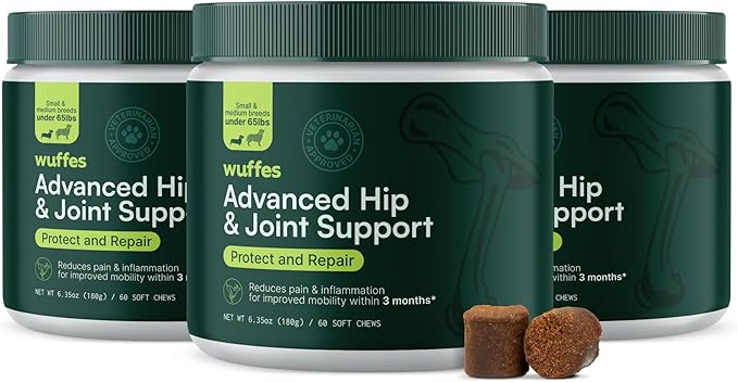 Wuffes Chewable Dog Hip & Joint Supplement - Glucosamine & Chondroitin Chews - Dog Joint Supplements & Vitamins - Extended Joint Care (Small&Medium Breeds (0-65 lbs), 180 Chews (Pack of 3))