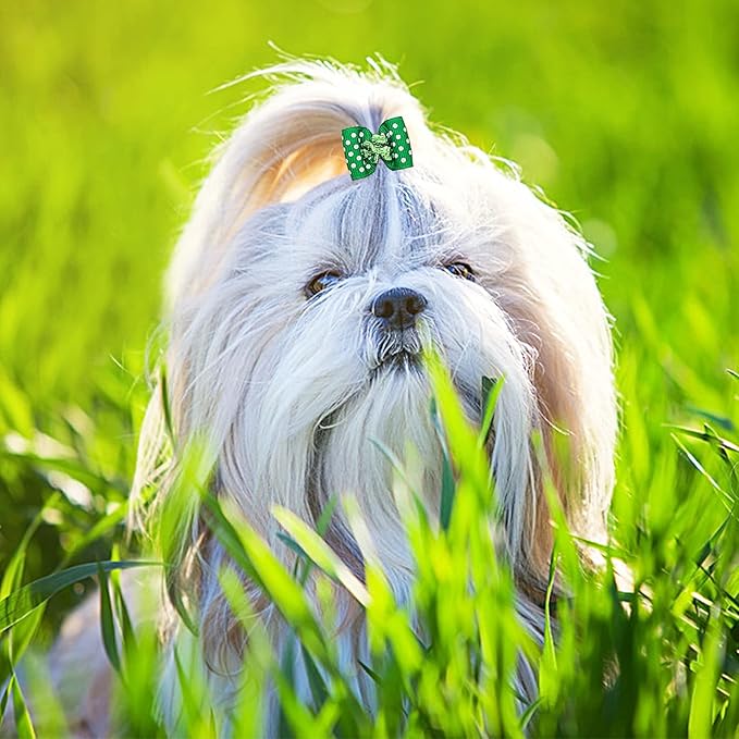 PET SHOW 20pcs St. Patrick's Day Small Dog Hair Bows with Rubber Bands for Medium Dogs Green Clover Puppies Cats Kittens Rabbits Topknot Grooming Costumes Hair Accessories