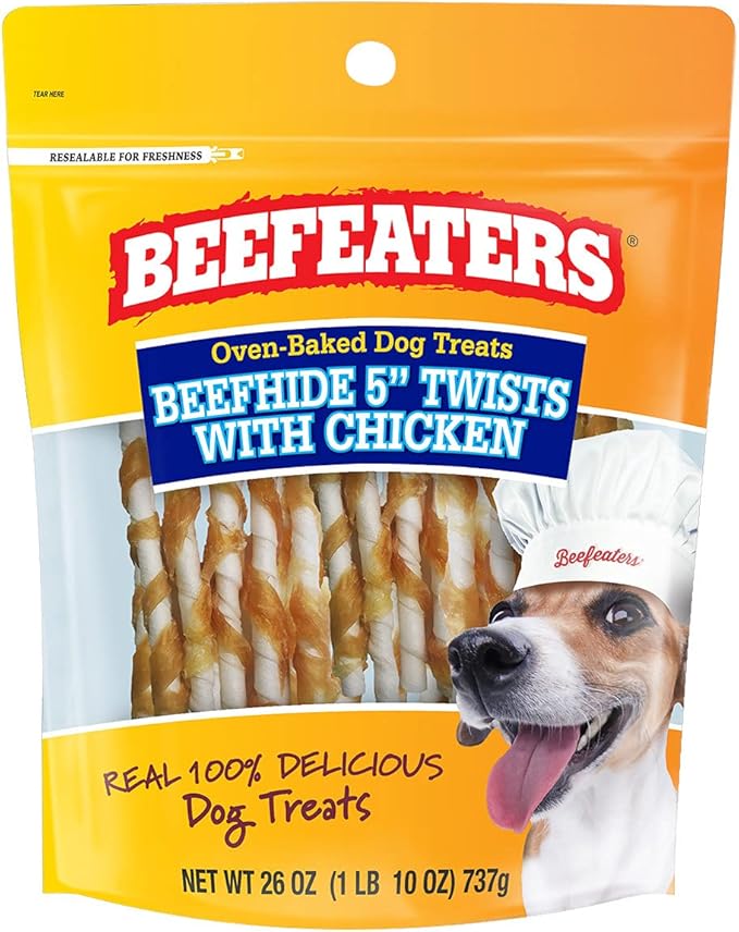 Beefeaters Beefhide 5in Twist with Real Chicken, 36oz – Protein-Rich Dog Treats for Clean Teeth, Ideal for Training & All Dog Sizes