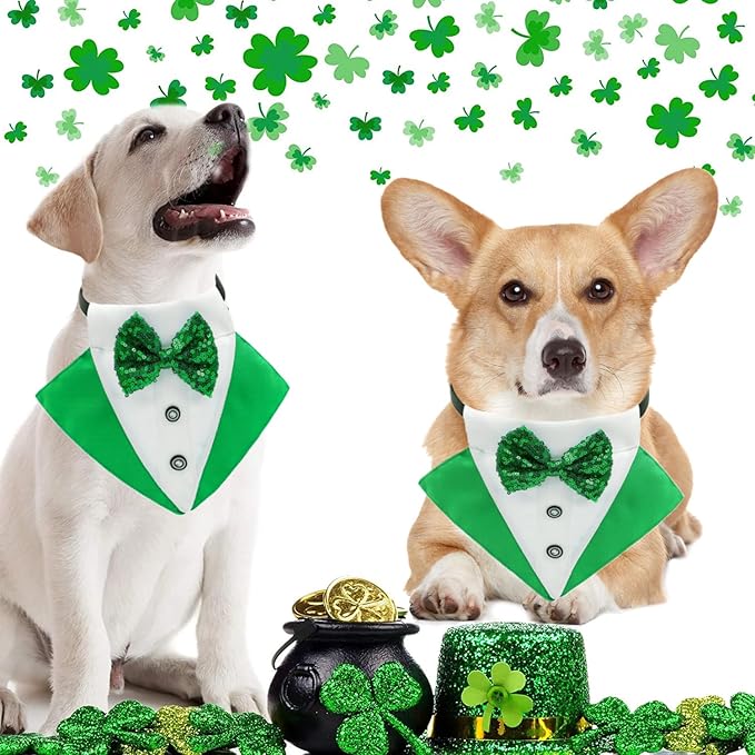 St.Patrick's Day Dog Tuxedo Bandanas Costume Pet Green Irish Outfits Adjustable Saint Patrick's Day Dog Scarf Bow Tie Collar for Large Dogs Cats Cosplay Party Dress Doggie Bibs (Grenn, Small)