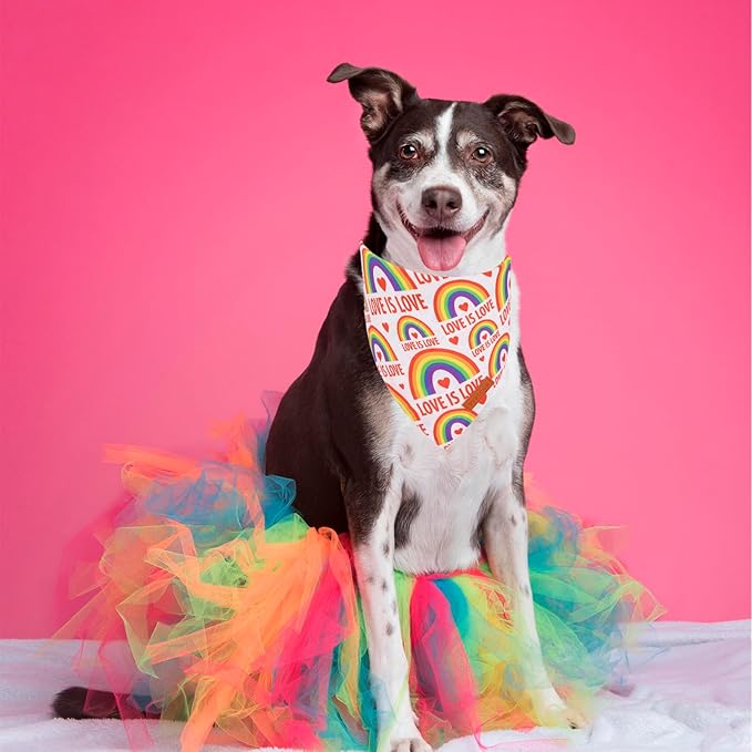 PTDECOR Rainbow Dog Bandanas Pride Day, Multi Size,“Love is Love” Pet Scarf Reversible Triangle LGBT+ Rainbow Bandanas for Medium Large Dogs Pets (Large)
