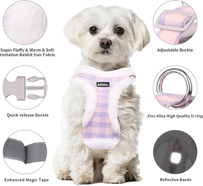 AIITLE Reflective Classic Plaid Dog Vest Harness and Leash Set - Adjustable Plush Dog Harness with Safety Buckle - Cold Weather Dog Harness for Indoor and Outdoor Use Purple XXXS