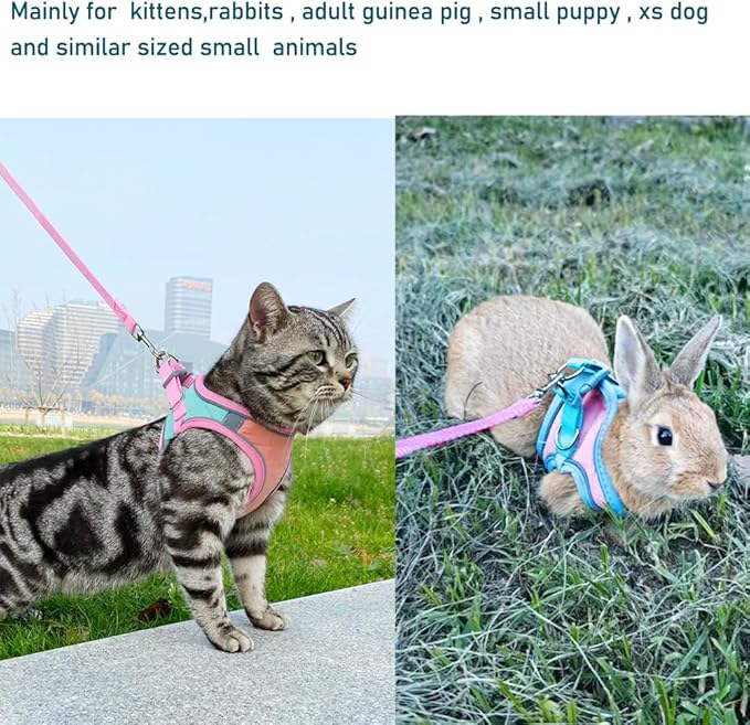 Bunny Harness and Leash Set - Reflective Strip Kitten Vest Harness, Escape Proof Rabbit Leash Walking Pet Accessories for Cat, Dog, Guinea Pig and Small Animals (Pink, XXS)