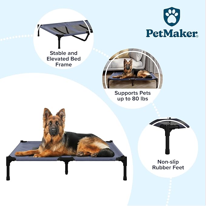 Elevated Dog Bed - 36x29.75-Inch Portable Pet Bed with Non-Slip Feet - Indoor/Outdoor Dog Cot or Puppy Bed for Pets up to 80lbs by PETMAKER (Blue)
