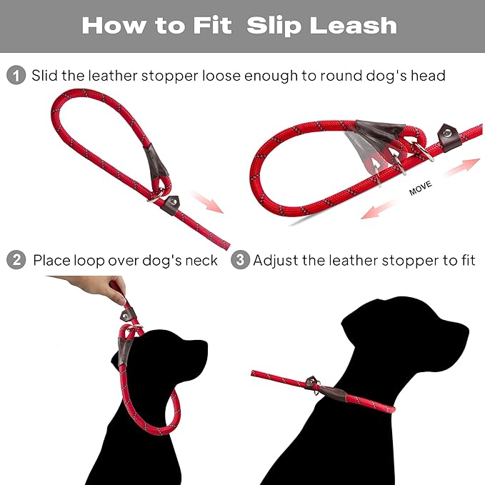 TwoEar Dog Slip Rope Leash - 1/2" x 6FT Heavy Duty Reflective Dog Training Leash for Small to Large Dogs (Red)
