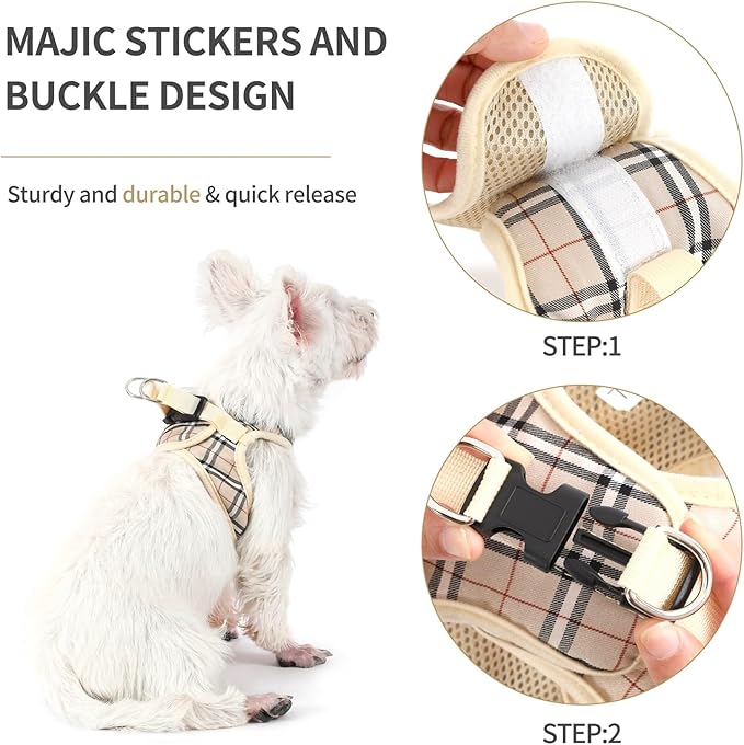 voopet Small Dog Harness and Leash Lightweight Cat Comfort Padded Soft Mesh Vest Step in Dog Harness No Pull No Choke Reflective Small Plaid Girl & Boy Puppy Kitty Walking Harness, Beige S