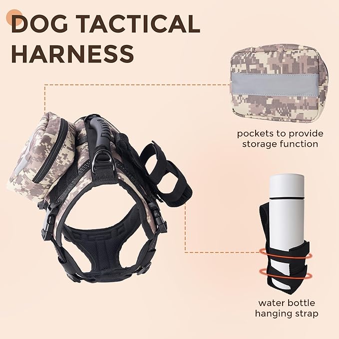 Multicam Tactical Dog Harness for Large Dogs, No Pull Adjustable Dog Harness with Water Bottle Bag and Pocket, Adjustable Reflective K9 Training Vests for Dogs for Training, Walking, Hiking L