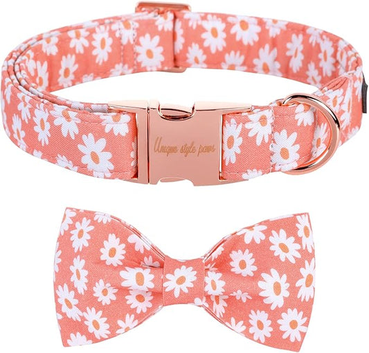 Unique style paws Dog Collar with Bow Tie Pink Daisy Summer Dog Collar for Small Medium Large Dogs with Adjustable Metal Buckle -S