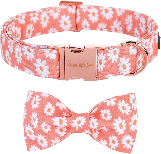 Unique style paws Dog Collar with Bow Tie Pink Daisy Summer Dog Collar for Small Medium Large Dogs with Adjustable Metal Buckle -L