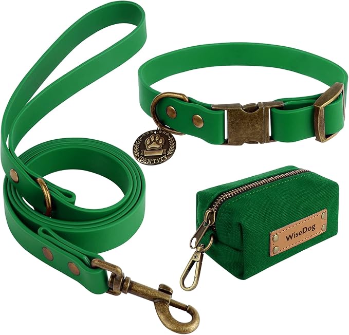 Wisedog Dog Collar and Leash Set Combo: Adjustable Durable Pet Collars with Dog Leashes for Small Medium Large Dogs, Includes One Bonus of Poop Bag Holder (S, Deep Green)