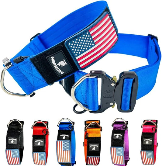 Tactical Dog Collar 2 Inch Wide Thick Heavy Duty Military Style with Metal Buckle, Adjustable for Medium - Large Breeds, Durable K9 Training Gear with Patch Area, USA Flag Patch, Strong and Secure Fit