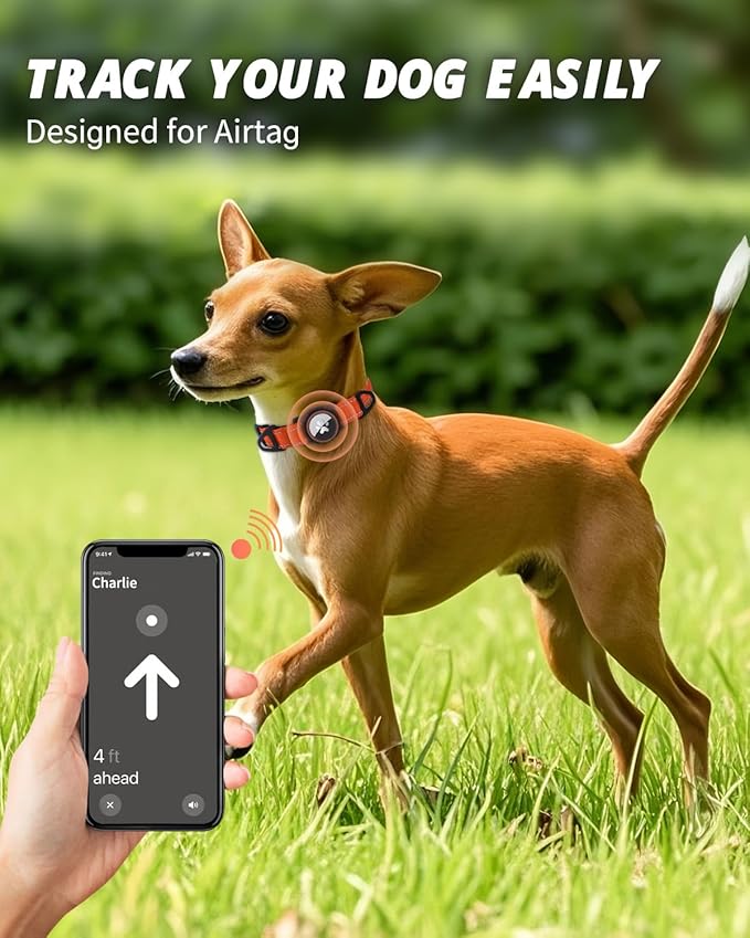 Joytale Airtag Dog Collar, Dual D-Rings, Reflective Pet Collar with Waterproof AirTag Holder, Soft Padded Adjustable for Small Dogs, Orange, S