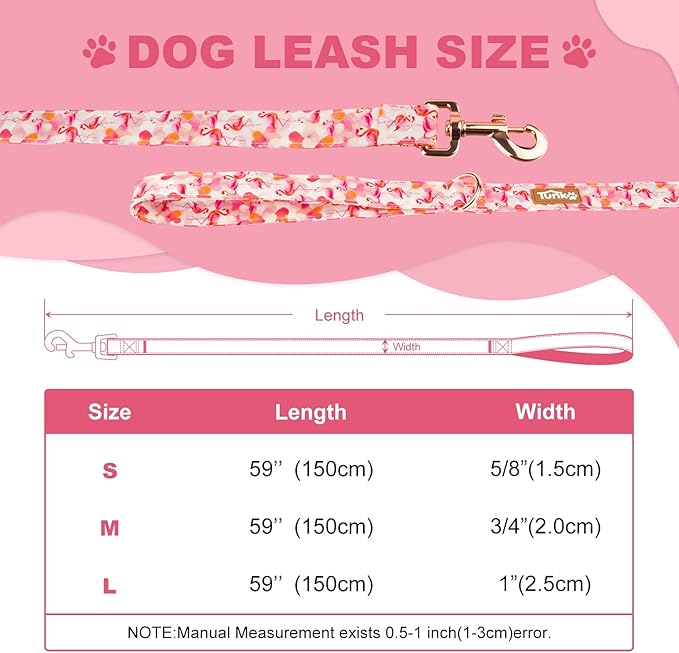 Tunkoo Pink Flamingo Heart Dog Leash - Stylish, Safe, Comfortable for Small Medium Large Dogs Pets Daily Walking S