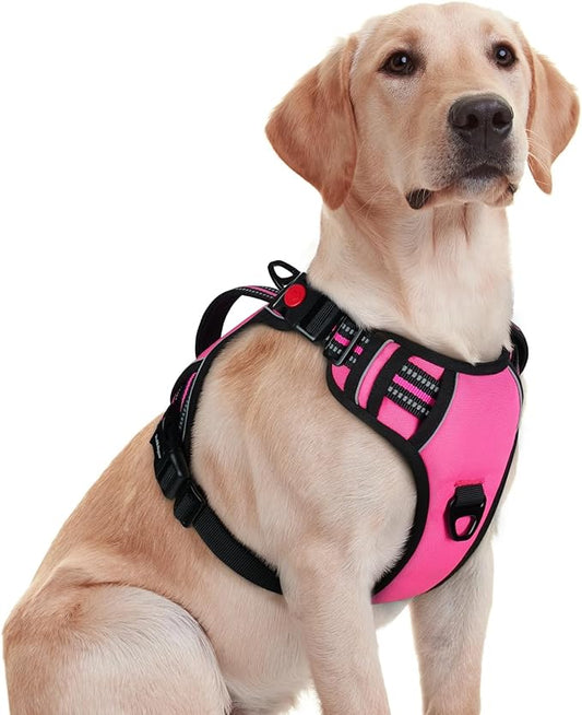 rabbitgoo Dog Harness Medium Sized, No Pull Pet Harness with Soft Padded Handle, Adjustable Reflective Vest with 3 Buckles, Easy Walking Harness with 2 Leash Clips, Pink, M