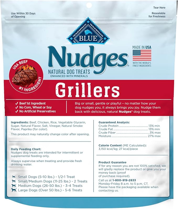 Blue Buffalo Nudges Grillers Natural Dog Treats, Made in the USA with Real Steak, 16-oz Bag
