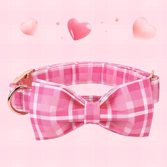 Lionheart glory Pink Plaid Dog Collar, Adjustable Dog Collar with Bowtie, Pet Gift Girl Collar for Dog Soft Bowtie Dog Collars for X-Small Puppy