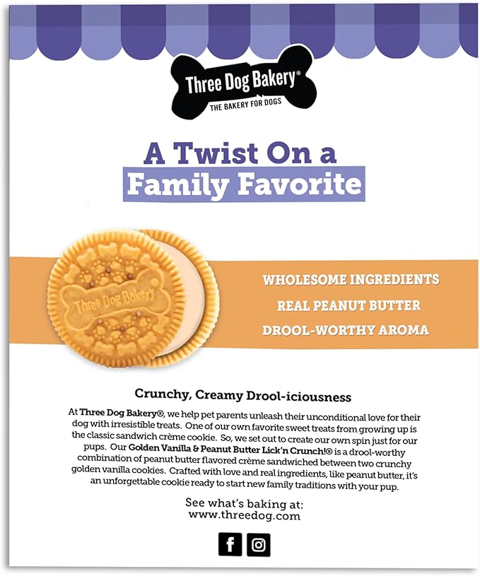 Three Dog Bakery Classic Cremes Baked Dog Treats, Golden with Peanut Butter Filling, 13 oz,Brown,310077