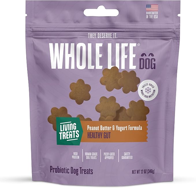 Whole Life Dog Living Treats for Dogs – Human Grade Probiotics for Digestive & Gut Health, Gas, Diarrhea, Vomit & Constipation Relief, Health Supplies - Peanut Butter, 12 oz (Pack of 1)
