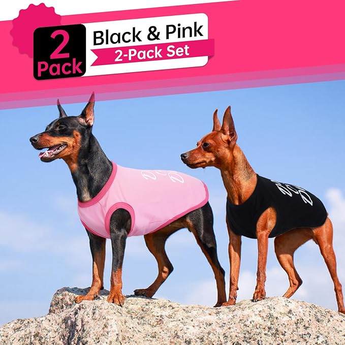 2 Pack Dog Shirts Funny Pet Vest with 'Dogs Over Dudes’Print,Sleeveless Tank Top Breathable & Stretchy Tshirts for Sun Protection Sensitive Skin Soft Dog Clothes for Summer Black+Pink, XS