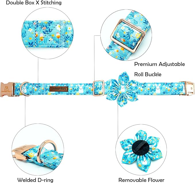 Lionheart glory Easter Day Dog Collar with Flower Dog Collar for X-Small Dogs, Easter Rabbits Colorful Pet Flower Collars Spring Bunnies Blue Collars Flowers