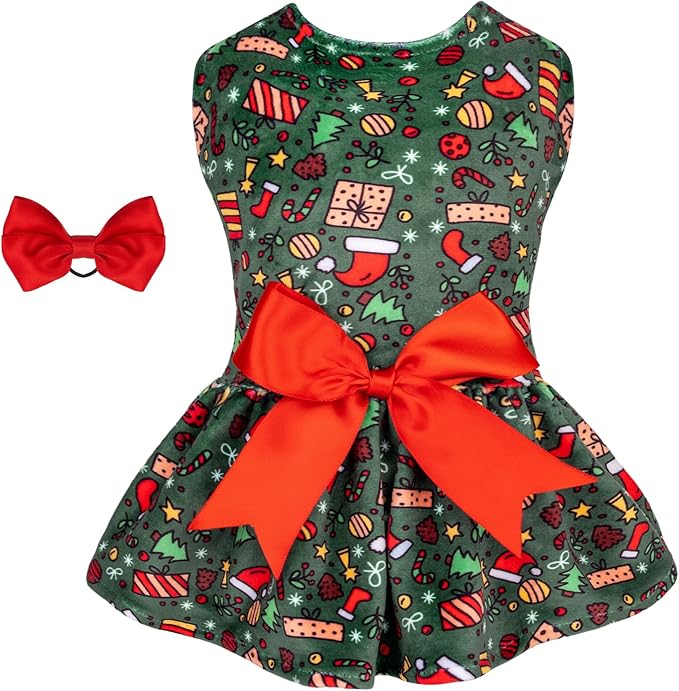 CuteBone Christmas Dog Dresses Outfit Velvet Holiday Small Dogs Clothes Onesie Pet Apparel Girl Puppy Skirt with Bow Hair Rope CVA33M