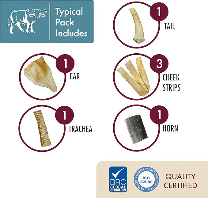 Dog Chews, Water Buffalo Prime Select, 7 Pack (Long Lasting Chews, Dog Bone Assortment, Grain Free, Gluten Free, 0.56 lbs)