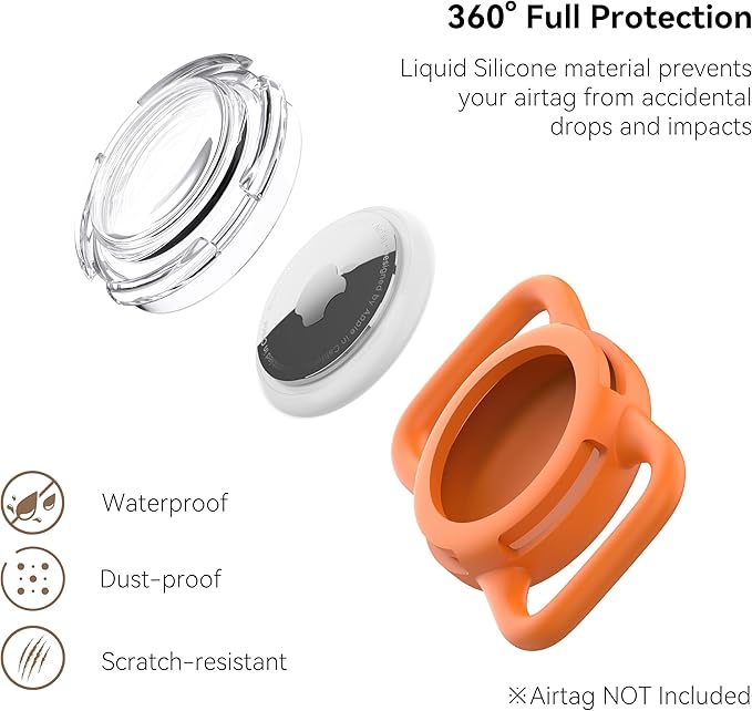 Waterproof Airtag Holder for Dog Collar, Soft Full-Body Protective Airtag Holder for Dog & Cat Collars, Ultra-Durable, Easy Installation, Lightweight Clear Airtag Case (Orange, Regular)