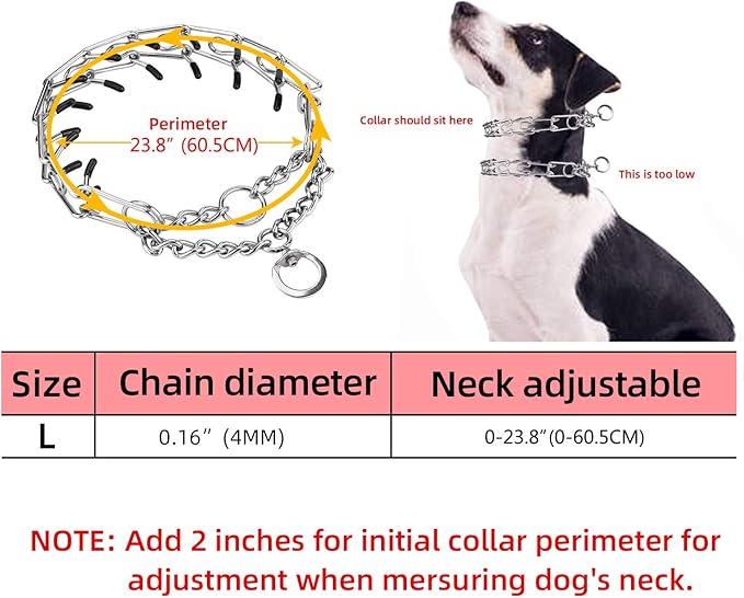 Prong Collars for Dogs, No Pull Dog Collar, Dog Training Collar for Large Medium Small Dogs, Stainless Steel Adjustable with Comfort Rubber Tips (L, 4.0mm, 23.8-Inch)