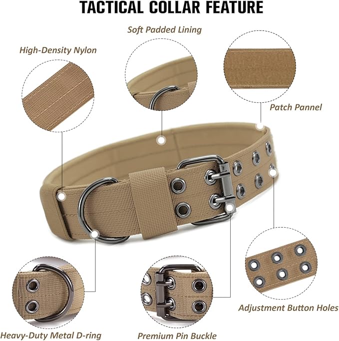 Tactical Dog Collar Military Adjustable Dog Collars Soft Nylon K9 Training Collar with Patch Heavy Duty Metal Buckle Collars for Medium Large Dogs (Brown, L)