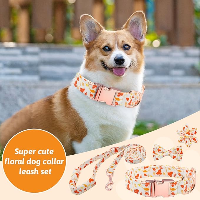 Dog Collar and Leash Set Girls Adjustable Puppy Collars with Floral Bow Tie for Small Medium Large Female Dogs, Orange Maple Leaf, S