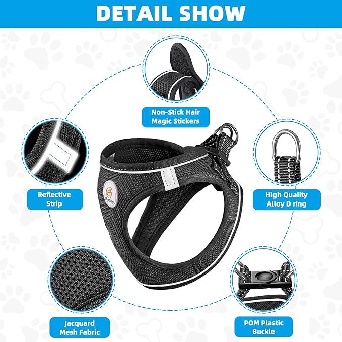 Dog Harness and Leash Set, No Pull Soft Mesh Pet Harness for Small Medium Dogs, Cats - Step in Adjustable Reflective Puppy Harness with Buckle and Double D-Rings - Black, XXS