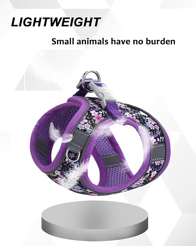 XS Purple Flower Pattern Dog Harness and Leash Set,No Escape Puppy Harnesses for Training Walking,Breathable Adjustable Puppy Vest for Small Medium Dogs, Cats (Purple, XS)