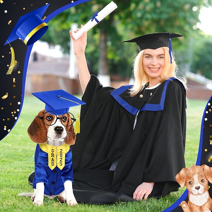 5 Pcs Dog Graduation Costume Set Include 2025 Pet Graduation Gown with Stole Puppy Grad Cap Lensless Glasses DIY Letter Stickers for Dogs Cats Holiday Costume Accessory(Blue Yellow,M)