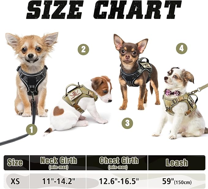 XSmall Tactical Dog Harness and Leash, Military K9 Puppy Vest Harness, No Pull Outdoor Training XS Dog Harness with Handle (XSmall, Black+Leash)