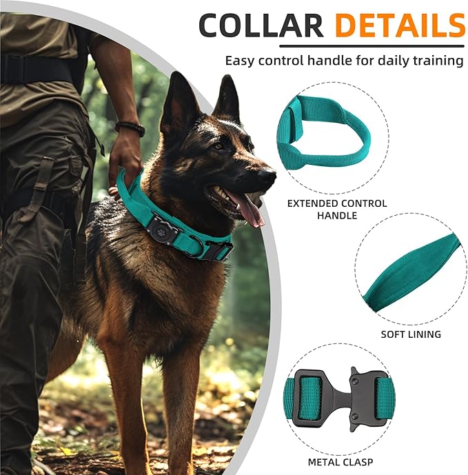 Tactical AirTag Dog Collar, 100% Waterproof Integrated Apple Air Tag Dog Collars with Hard PC AirTag Holder, Adjustable Military Collar with Handle, GPS Dog Collar for Medium Large Dog (Blue, M)