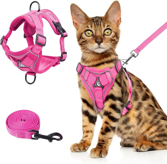 Summer cat Chest Harness and Leash, Anti-Escape Adjustable Soft mesh cat Leash and Chest Harness Set for All Types of Cats cat Vests (Rose red, L)