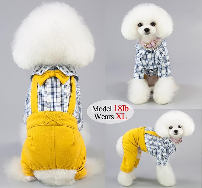 Dog Shirts Clothes Striped Onesies, Pet Plaid Overalls Apparel, Puppy Costumes Classic Black and White Jumpsuit with Bowtie for Small Medium Dogs Cats Boy Girl Wedding/Party (Large, Yellow)