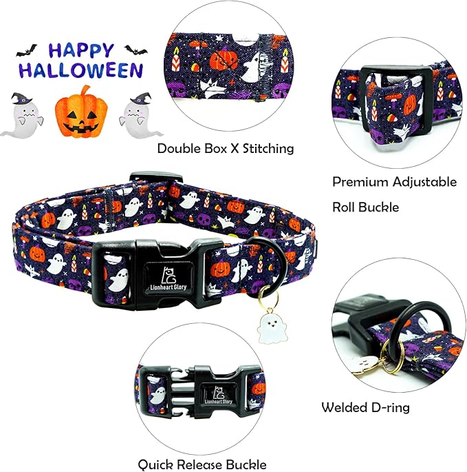 Lionheart glory Dog Collars Fall Halloween Pumpkin Collar Dog Heavy Comfortable Adjustable Dog Collar for Large Dogs, Ghost, Pumpkin