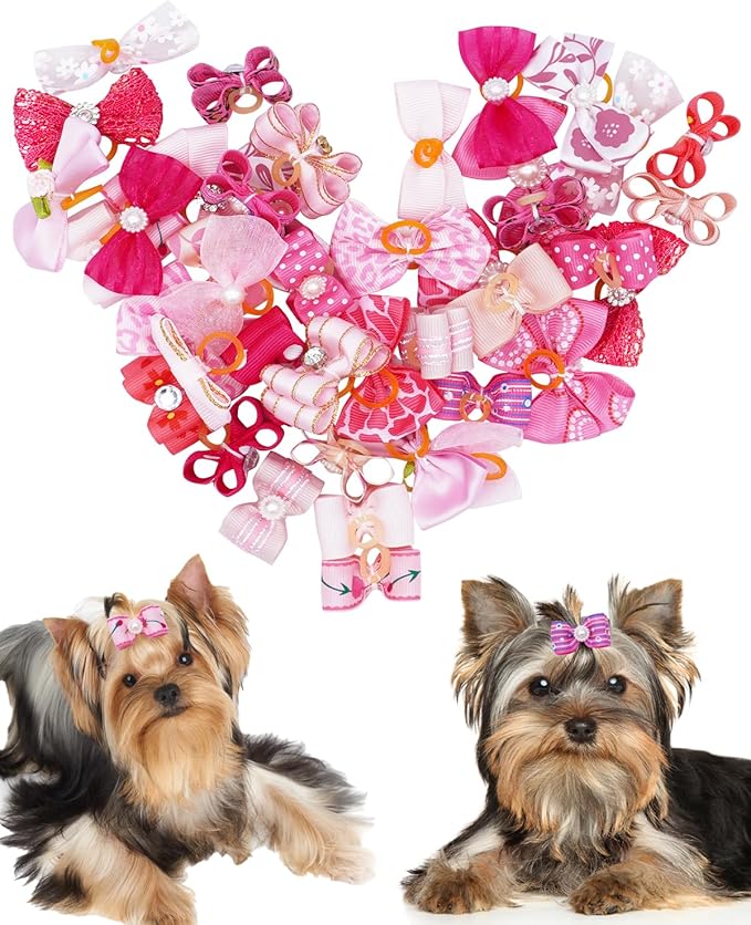 PET SHOW 20 Pack Pink Small Dog Hair Bows with Rubber Bands for Medium Dogs Girl Female Holiday Puppies Cats Kittens Rabbits Topknot Grooming Costumes Hair Accessories