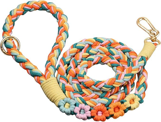 Handmade 5ft Braided Cotton Dog Leash with Unique Floral Handle, Durable and Stylish, Ideal for Small to Large Dogs,Rainbow Mix