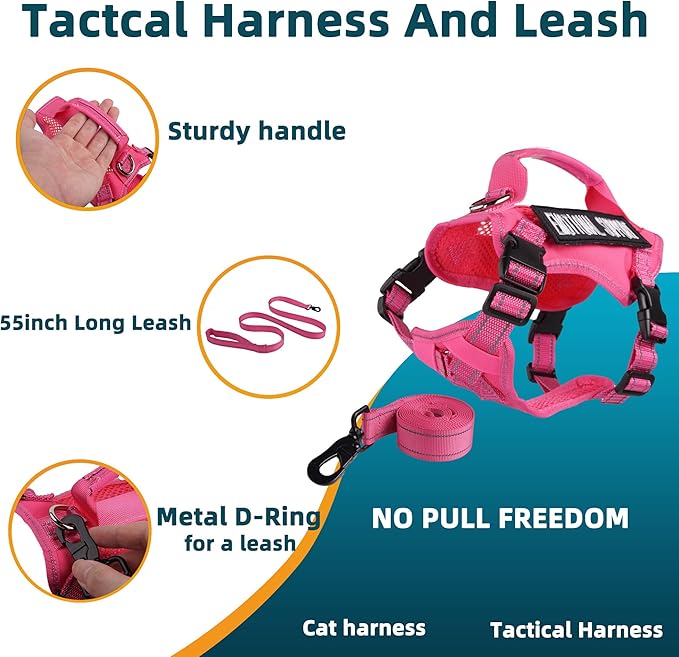 Tactical Cat Harness and Leash Pink for Walking Esacpe Proof, Adjustable Soft Mesh Large Cat Vest with Handle Easy to Control,Molle Patches XL