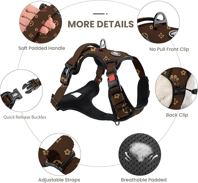 FURRYFECTION Dog Harness | No Pull Dog Harness | Reflective Oxford | Padded Handle | 4 Adjustable Straps | 2 Leash Clips | No Choke Pet Vest Harness for Small Medium Large Dogs | Dark Brown | S
