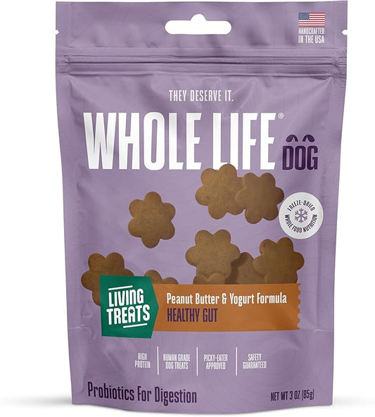 Whole Life Dog Living Treats for Dogs – Human Grade Probiotics for Digestive & Gut Health, Gas, Diarrhea, Vomit & Constipation Relief, Health Supplies - Peanut Butter, 3 oz (Pack of 1)