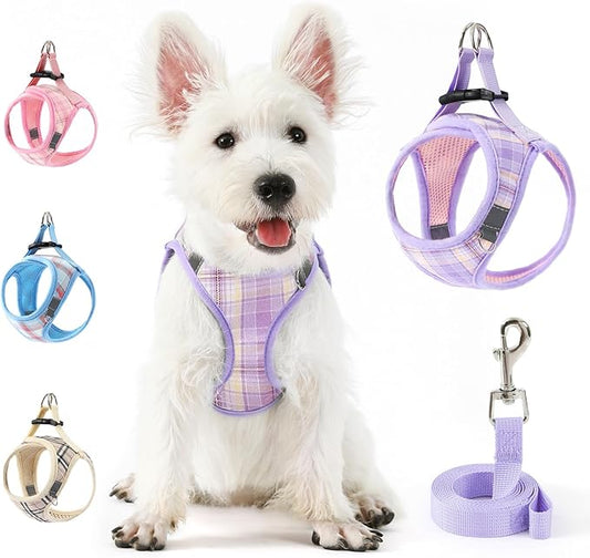 voopet Small Dog Harness and Leash Lightweight Cat Comfort Padded Soft Mesh Vest Step in Dog Harness No Pull No Choke Reflective Small Plaid Girl & Boy Puppy Kitty Walking Harness, Purple M