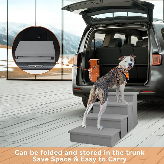 Dog Stairs with Storage 23" H, 4-Step Wider Dog Steps for High Beds Window, Folding Sturdy Pet Stairs Gift for Small/Medium/Large Old Dogs Cats, Ramp for Climbing Car Up to 200 lbs, Smok Gray