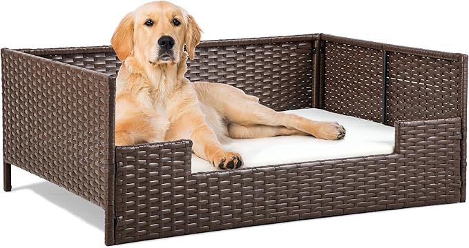 YITAHOME Rattan Dog Sofa Bed with Cushion,Wicker Pet Bed Sofa Couch Indoor Outdoor Water Resistant for Large Medium Small Dogs Cats (38.6''L*26.4''W*15''H,Beige)