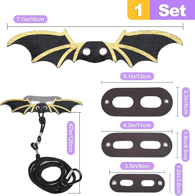 3-Size Reptile Harness & Leash Set for Bearded Dragons, Soft Leather Wing Design (Black), Detachable & Adjustable