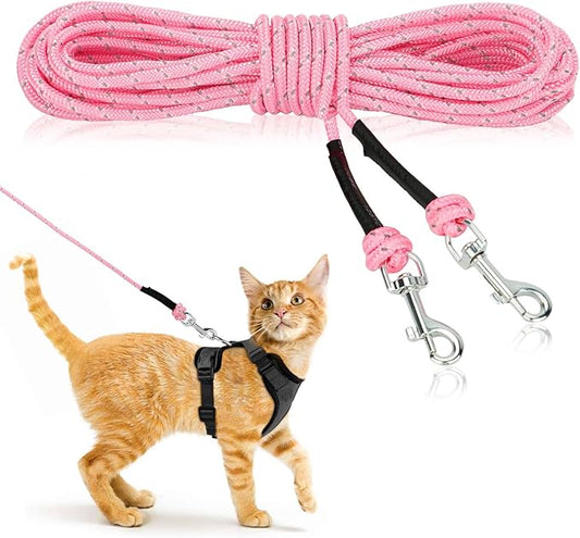 Rypet Reflective Cat Long Leash - 30 FT Escape Proof Walking Leads Yard Long Leashes Durable Safe Personalized Extender Leash Traning Play Outdoor for Kitten, Puppy, Rabbit and Small Animals(Pink-M)
