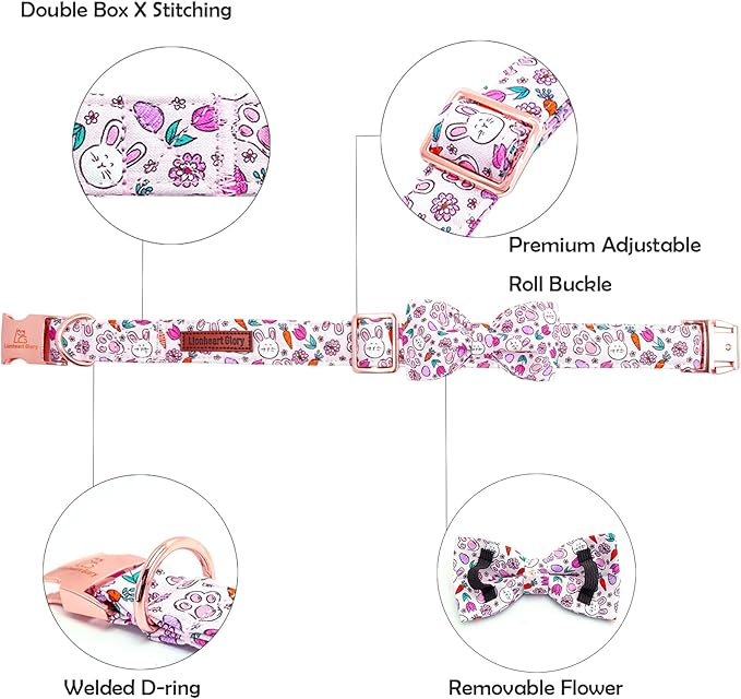 Lionheart glory Dog Bow Collar Easter Day Dog Collar for X-Small Dogs,Easter Rabbits Eggs Colorful Dog Collars with Bowtie Spring Bunnies Carrots Collars Puppy Collar Bows